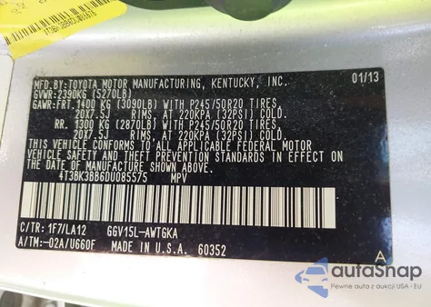 2013 Toyota Venza Limited V6 z USA, uszkodzony, nr VIN 4T3BK3BB6DU085575